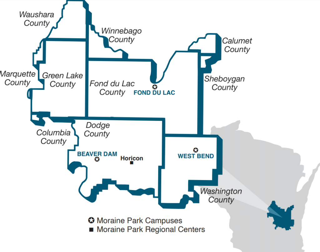 Map of the Moraine Park Technical College district. It is roughly located between the cities of Beaver Dam, Oshkosh, and Milwaukee. It include the Wisconsin counties of Washington, Green Lake, Dodge, and Fond du Lac. The main campuses are located in Beaver Dam, Fond du Lac, and West Bend. A regional center is located in the city of Horicon.